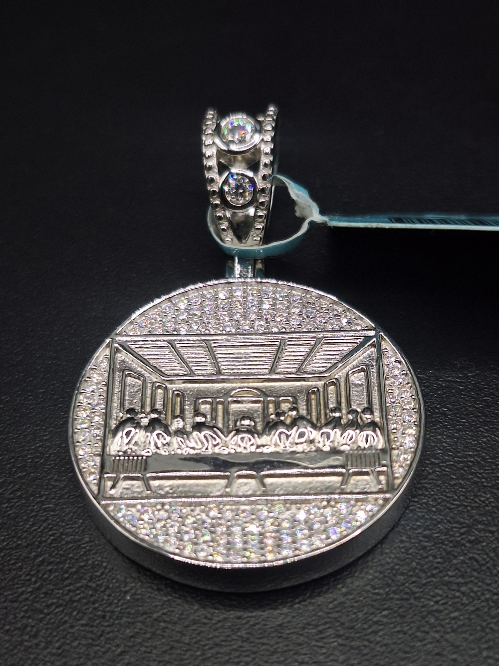 Sterling Silver Last Supper Round Pendant with 0.32ctw Of Moissanite Stones